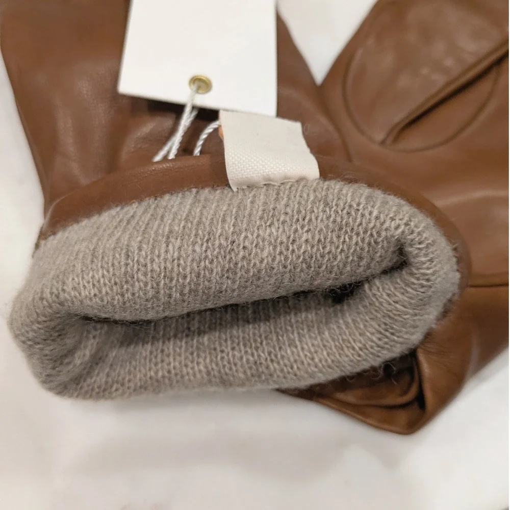 Tory Burch Miller Leather Gloves Women 7.5 T-Logo Brown Cashmere Lined 46591 NEW